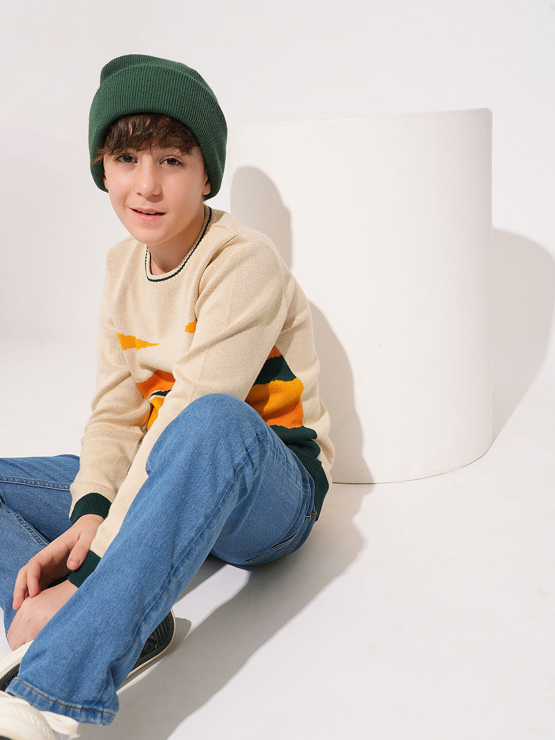 Boys Beige Printed Knitted Pullover