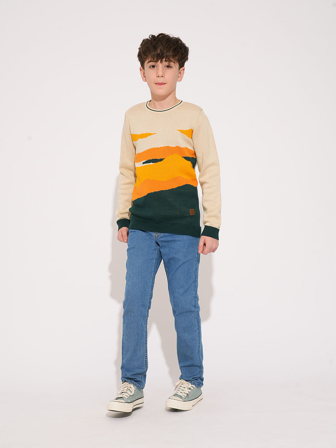 Boys Beige Printed Knitted Pullover