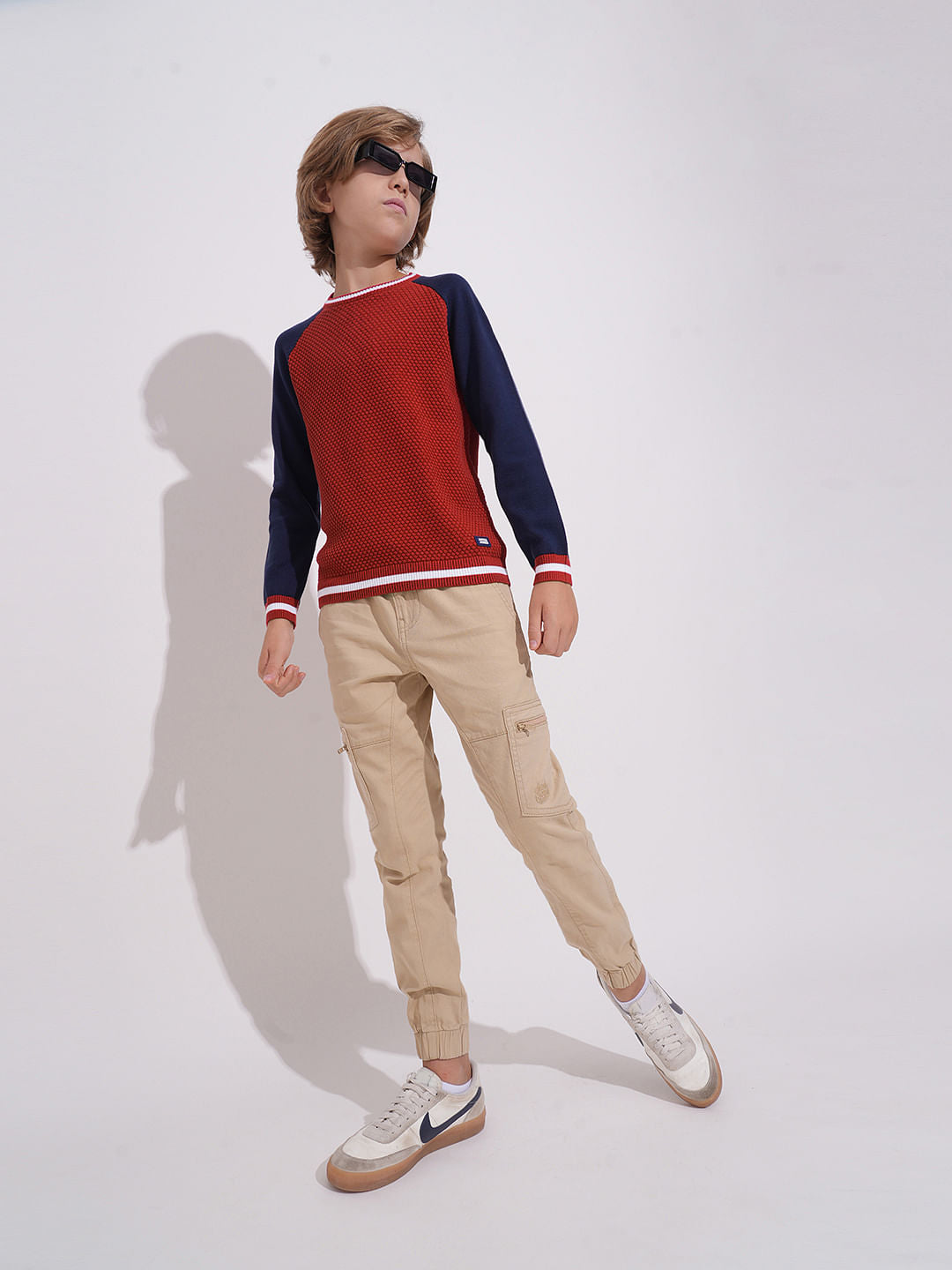 Boys Red Knitted Colourblocked Sweater