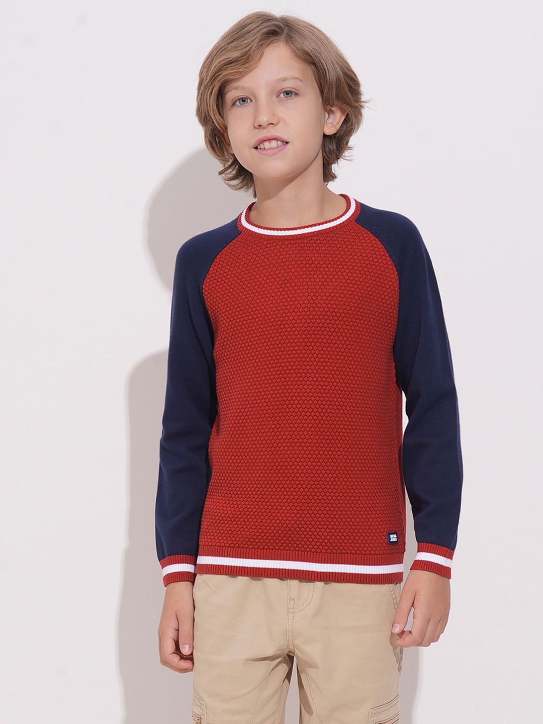 Boys Red Knitted Colourblocked Sweater