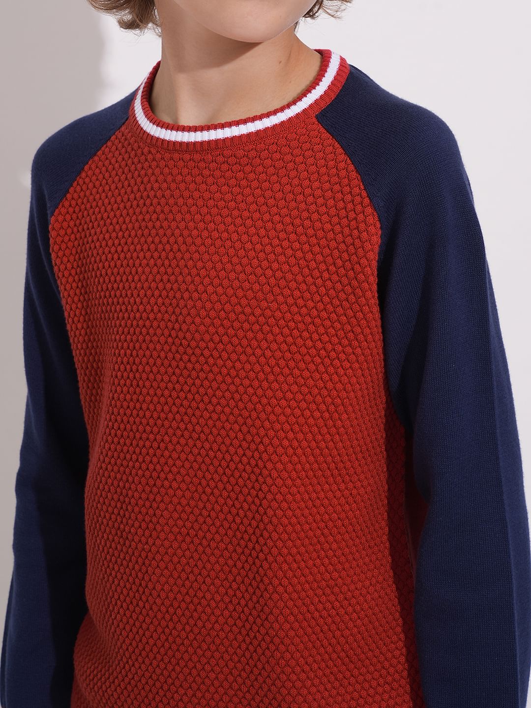 Boys Red Knitted Colourblocked Sweater