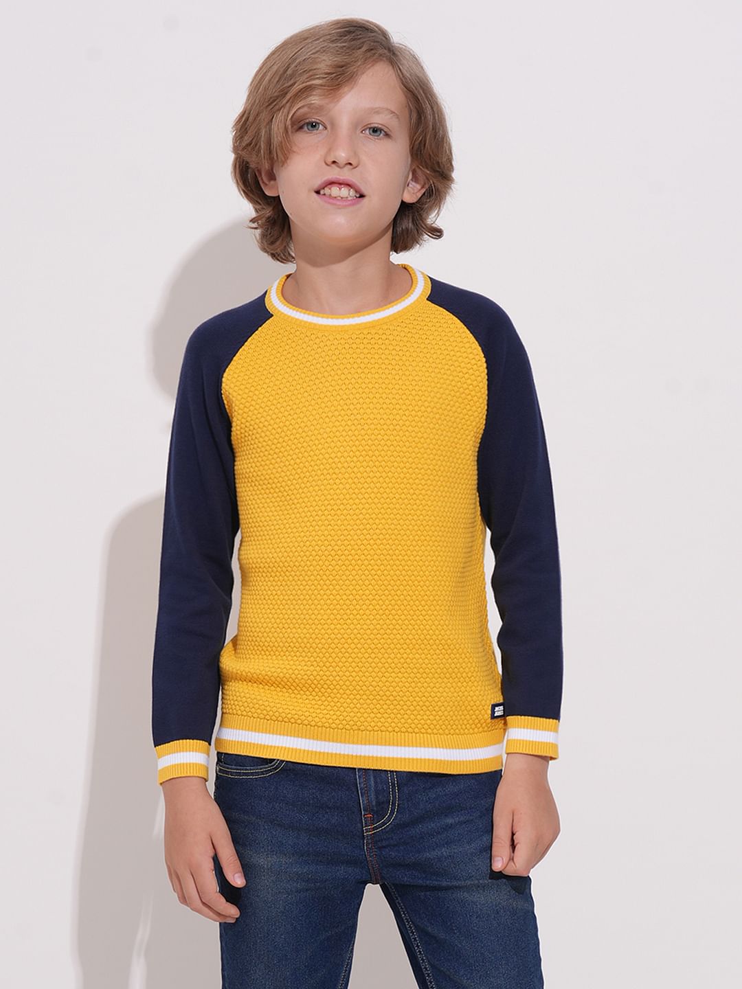 Boys Yellow Knitted Colourblocked Sweater
