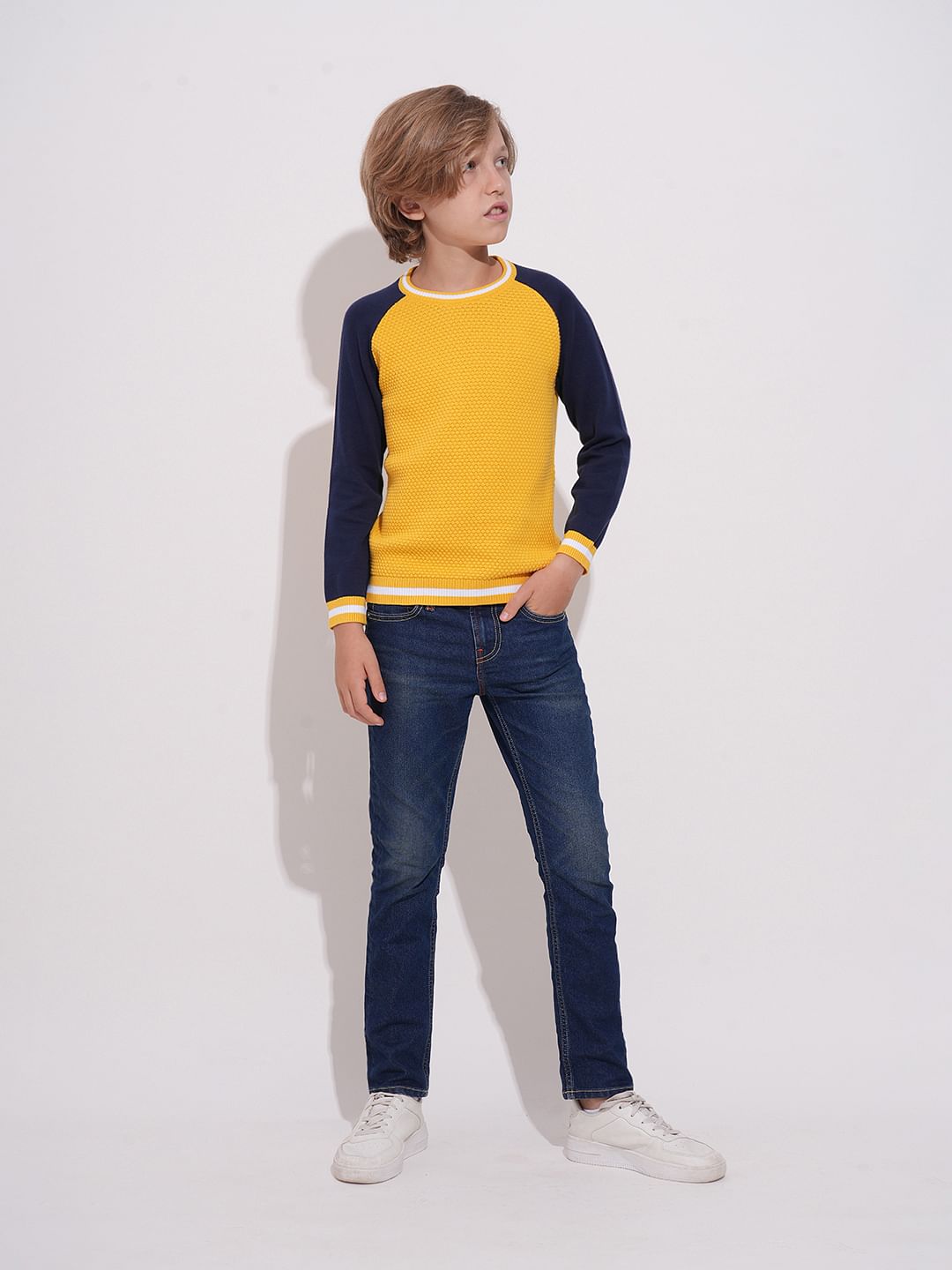 Boys Yellow Knitted Colourblocked Sweater