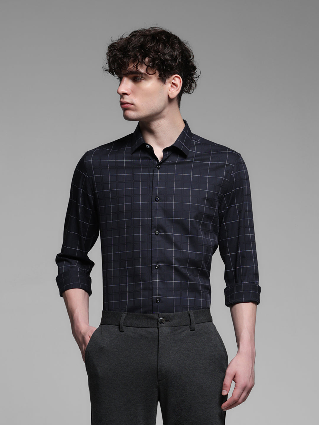 Black Dobby Check Cotton Shirt