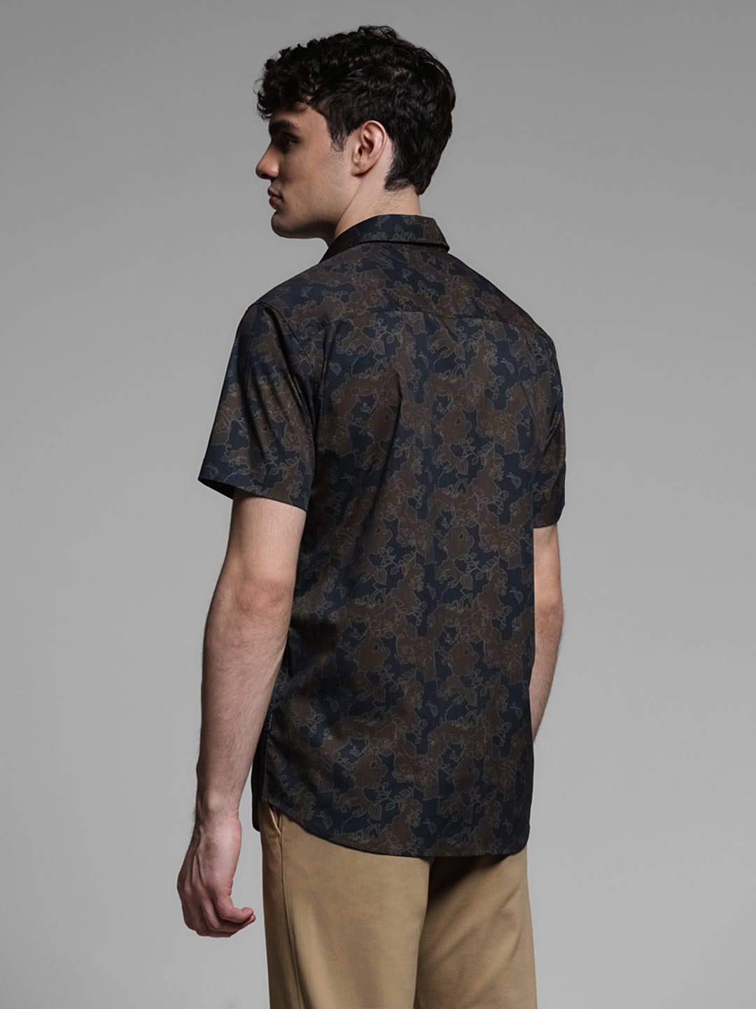 Brown Printed Slim Fit Short Sleeves Shirt