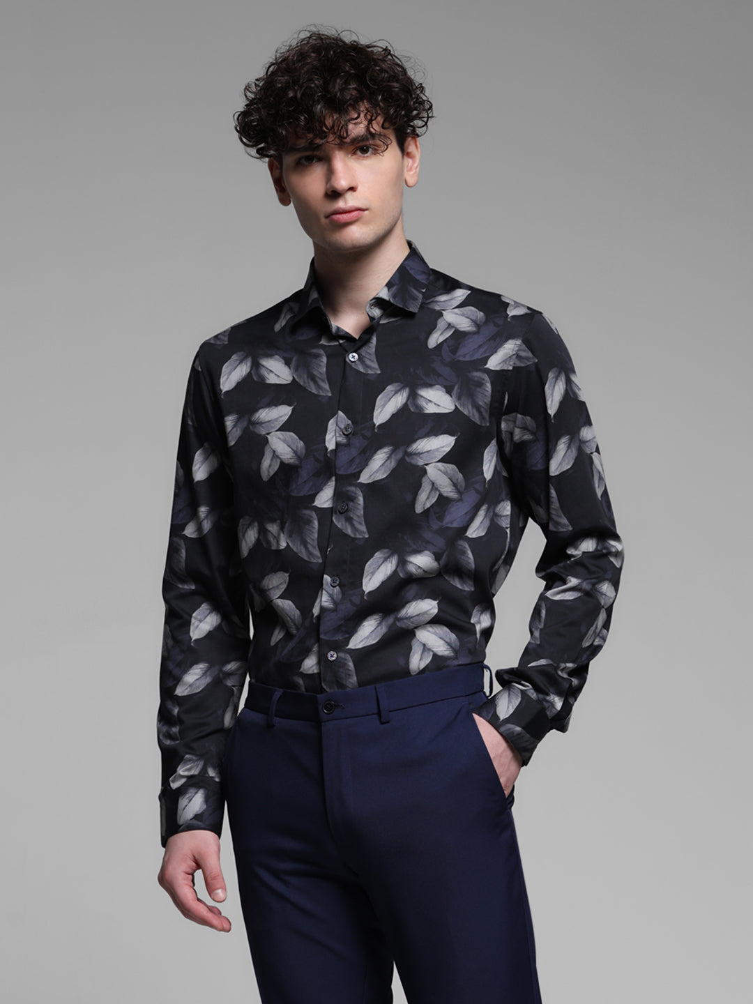Cotton Leaf Printed Slim Fit Shirt