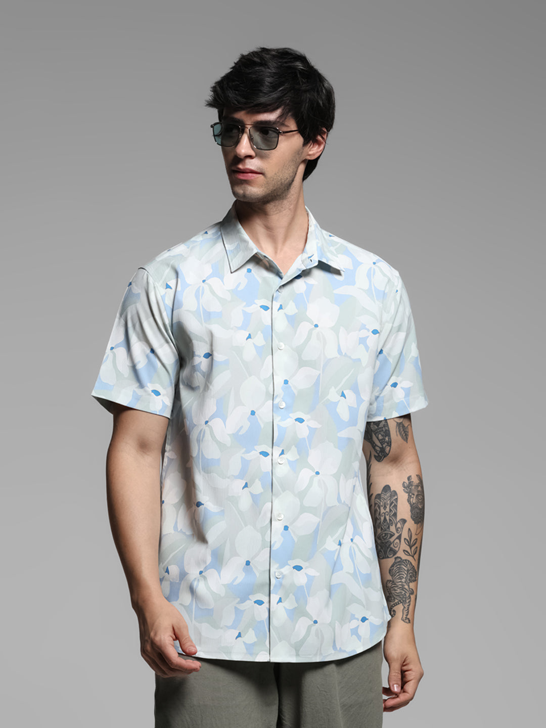 Blue Floral Short Sleeves Shirt