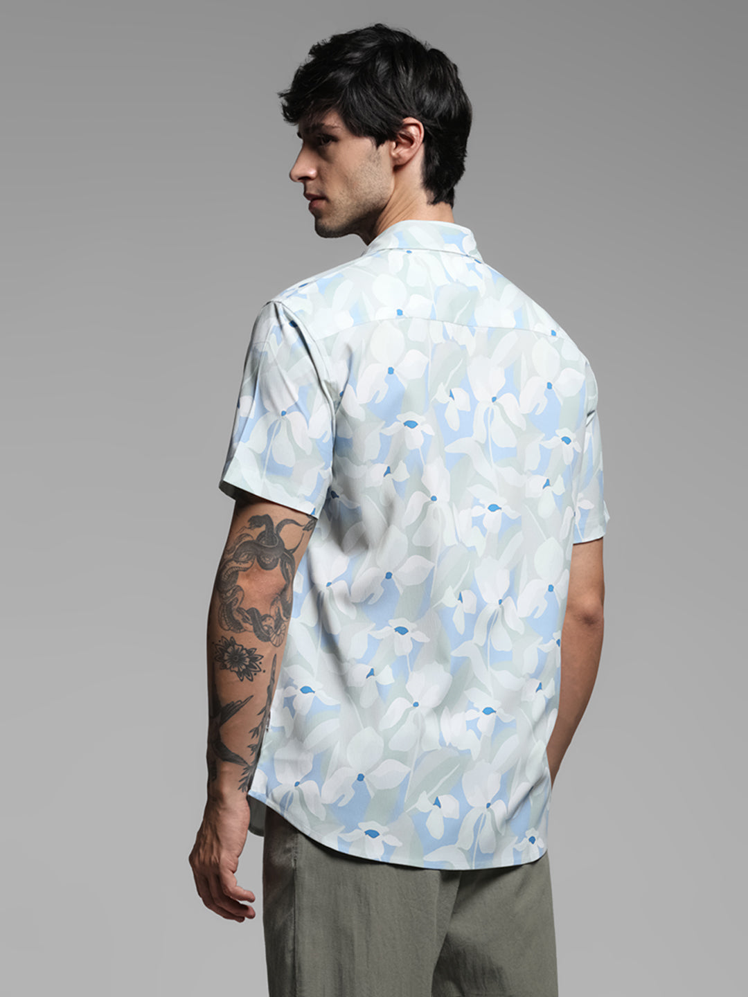 Blue Floral Short Sleeves Shirt
