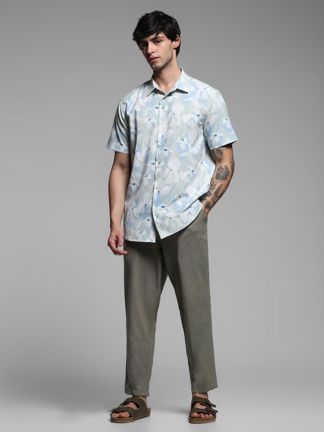 Blue Floral Short Sleeves Shirt