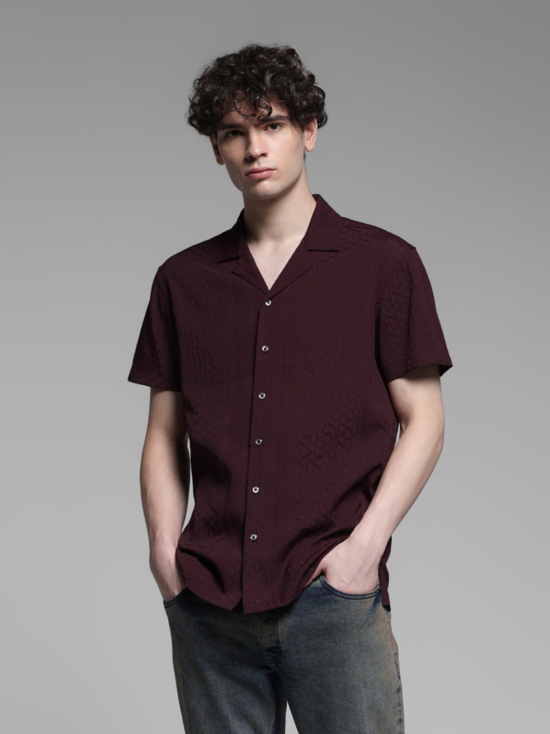 Maroon Jacquard Comfort Fit Shirt - M