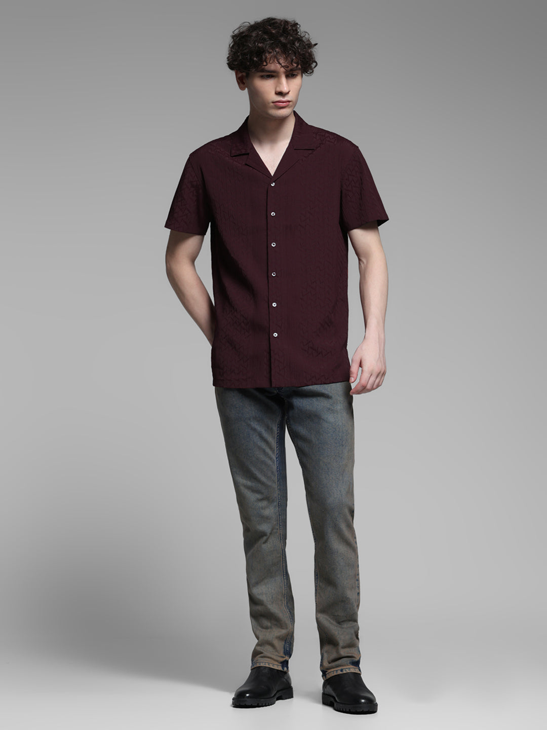 Maroon Jacquard Comfort Fit Shirt
