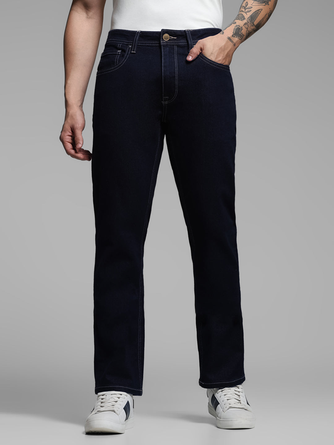 Dark Blue Contrast Stitch Regular Fit Jeans