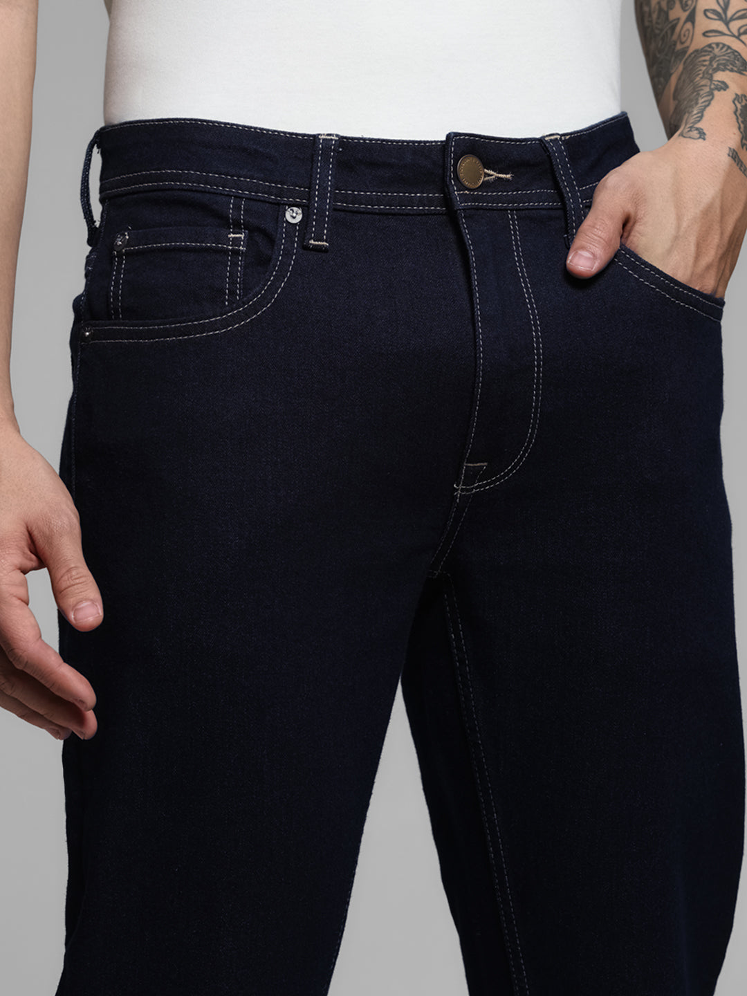 Dark Blue Contrast Stitch Regular Fit Jeans