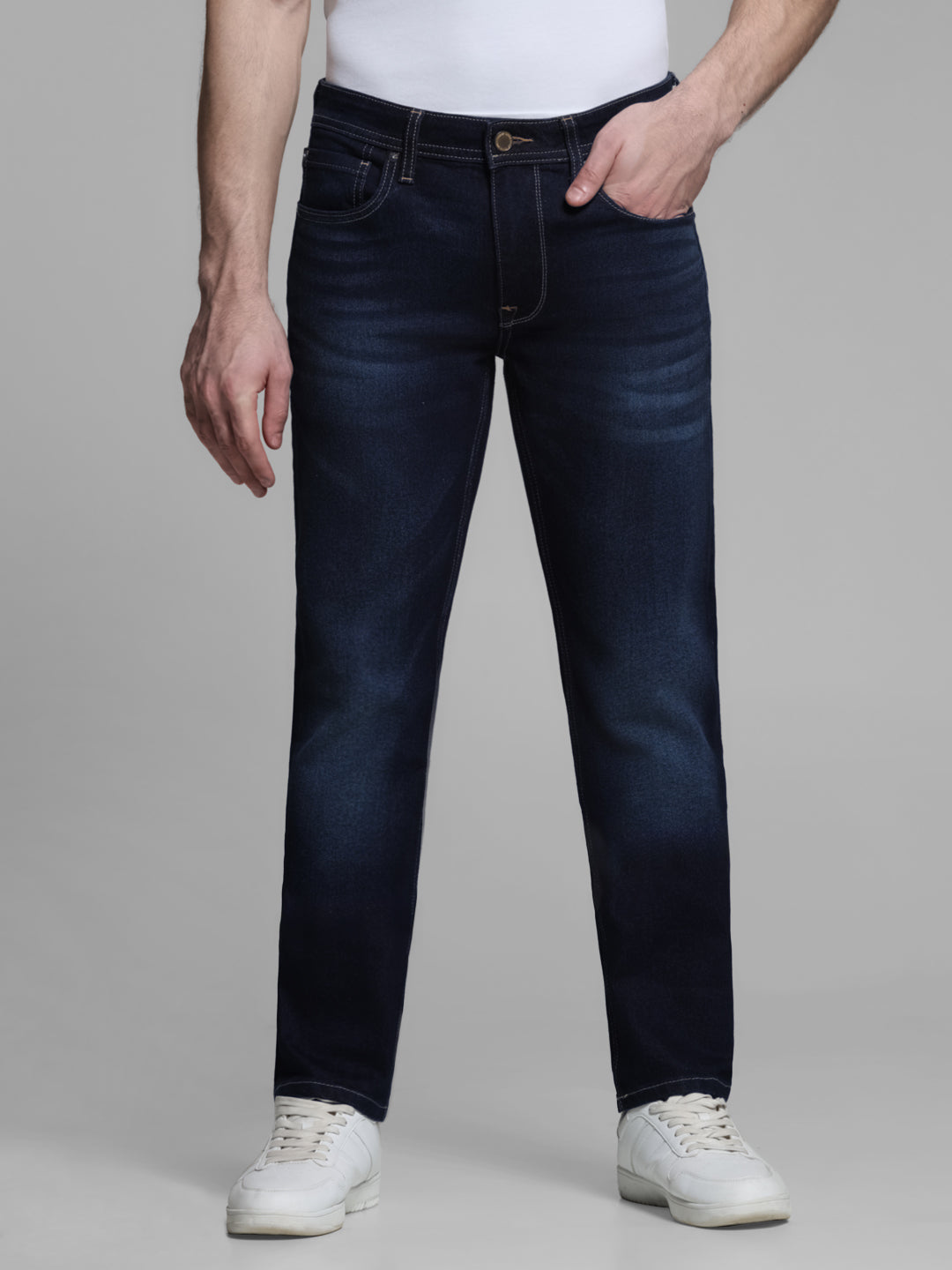 Dark Blue Washed Regular Fit Jeans For Men.