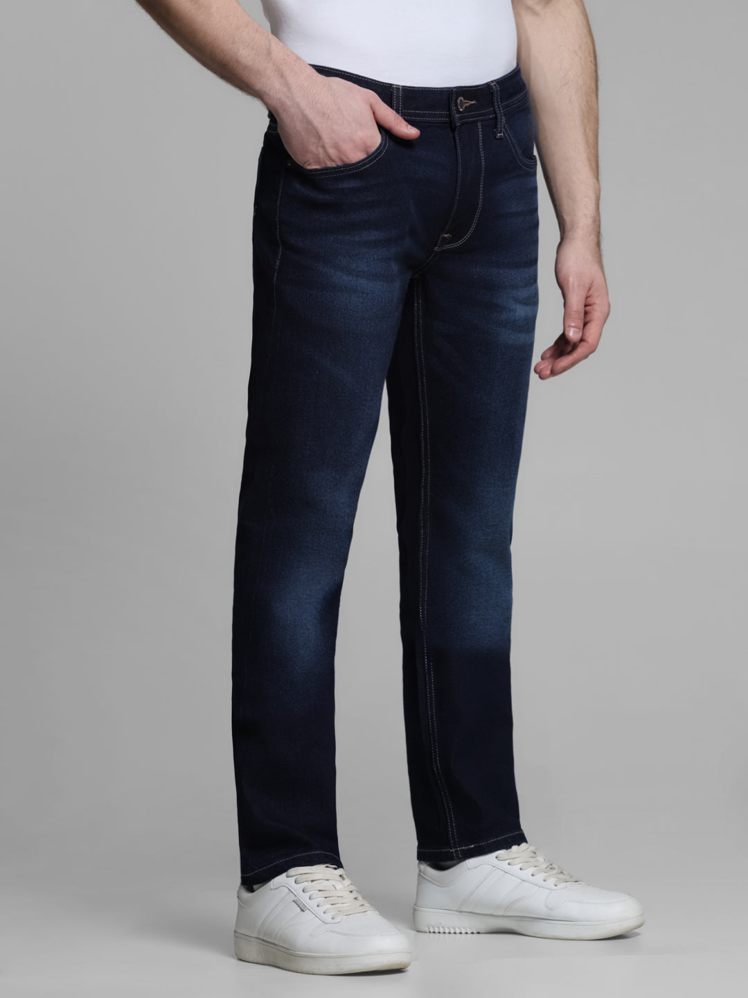Dark Blue Washed Regular Fit Jeans For Men.