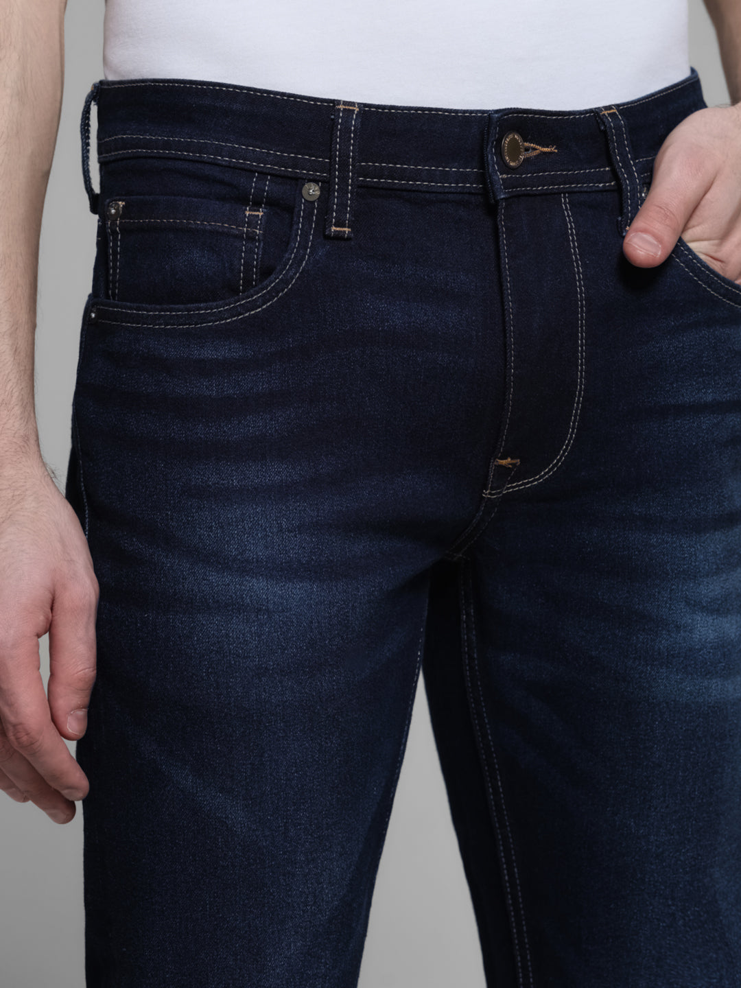 Dark Blue Washed Regular Fit Jeans For Men.