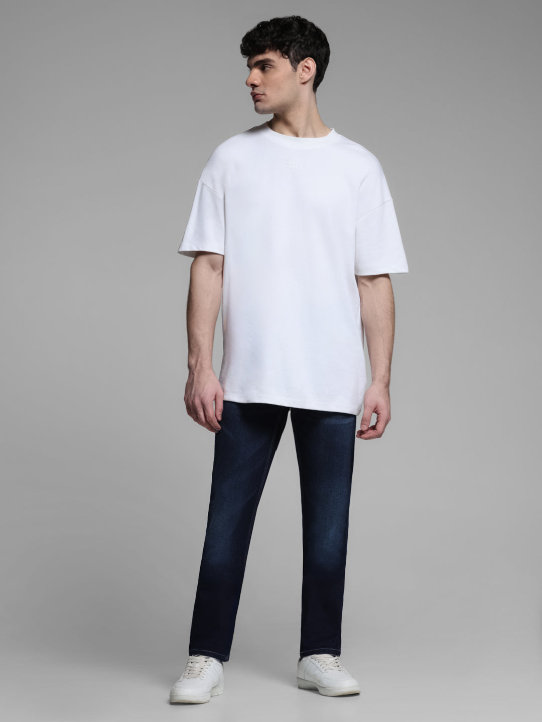Dark Blue Washed Regular Fit Jeans For Men.