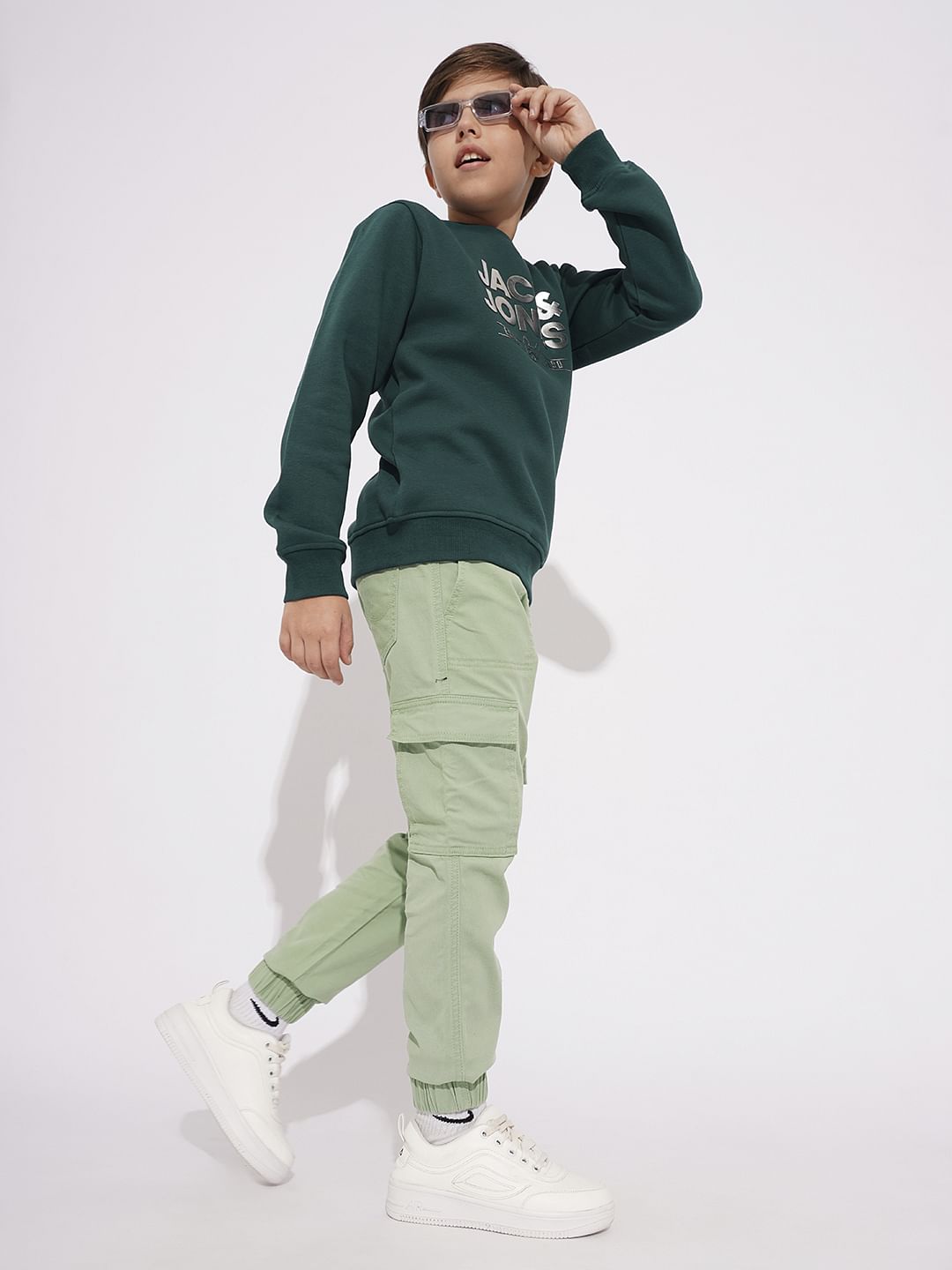 Boys Sage Green Mid Rise Casual Pants - 4/5Y