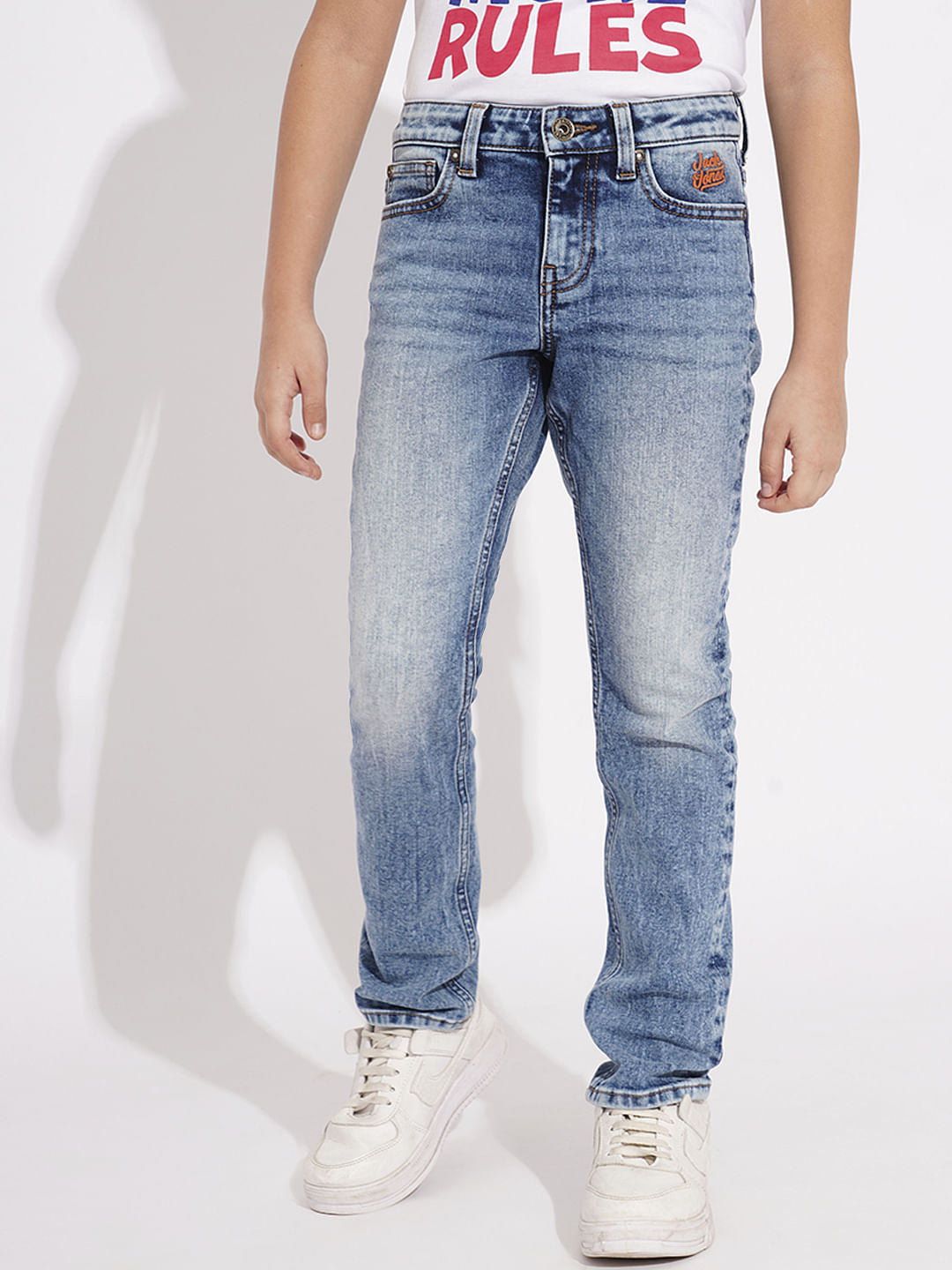 BOYS Blue Heavily Washed Regular Fit Jeans
