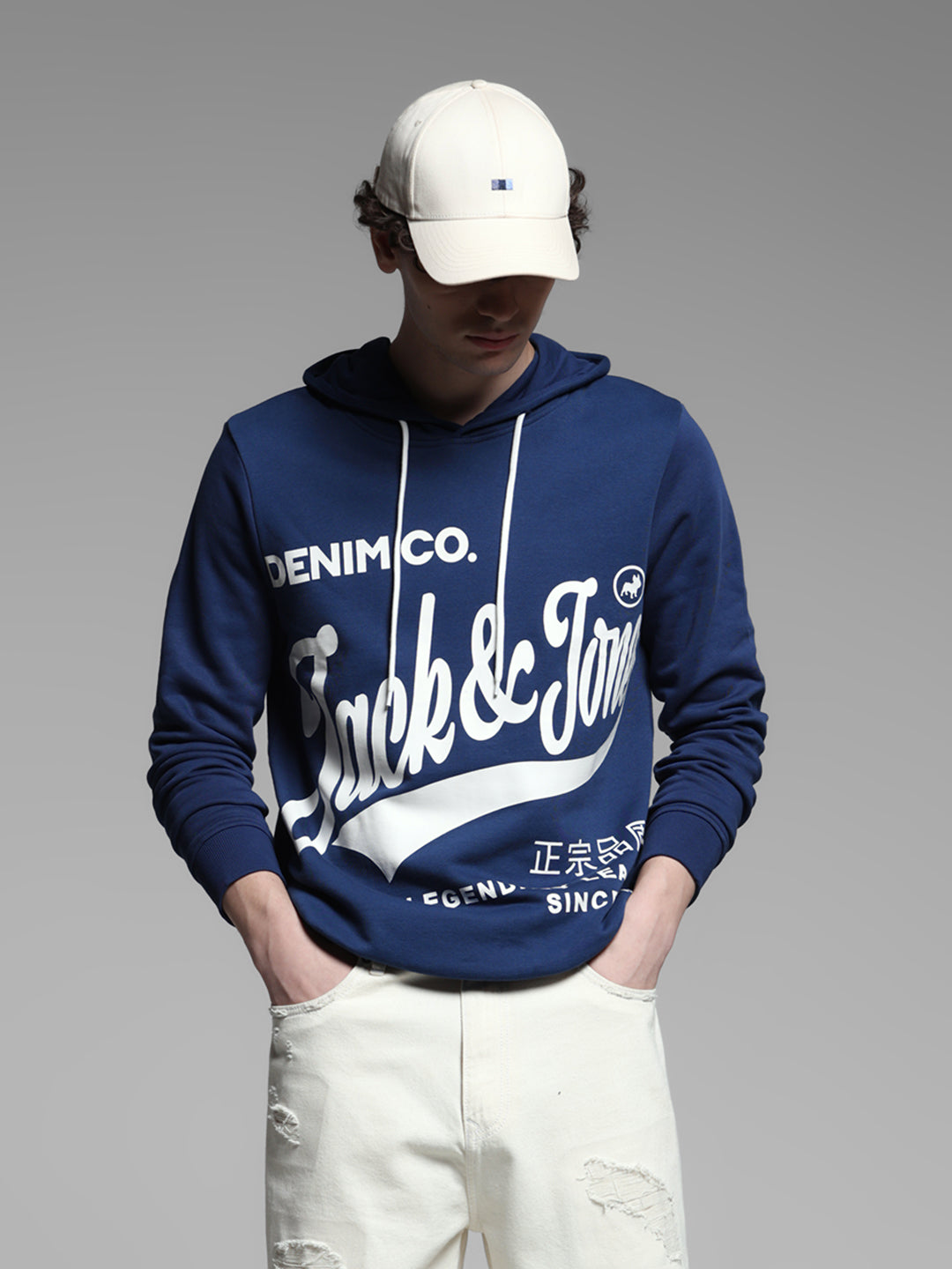 Blue Printed Hooded Sweatshirt - S