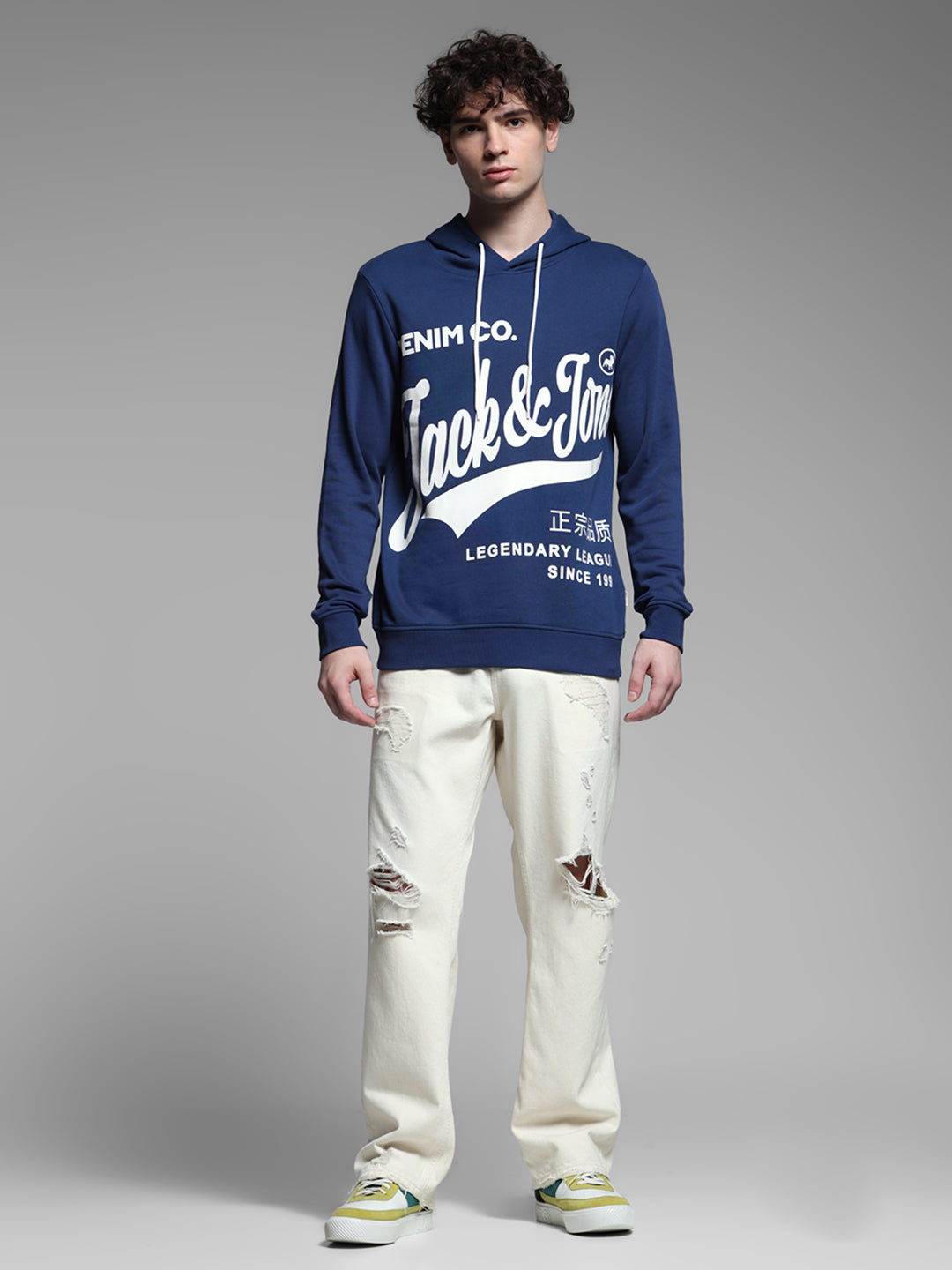 Blue Printed Hooded Sweatshirt