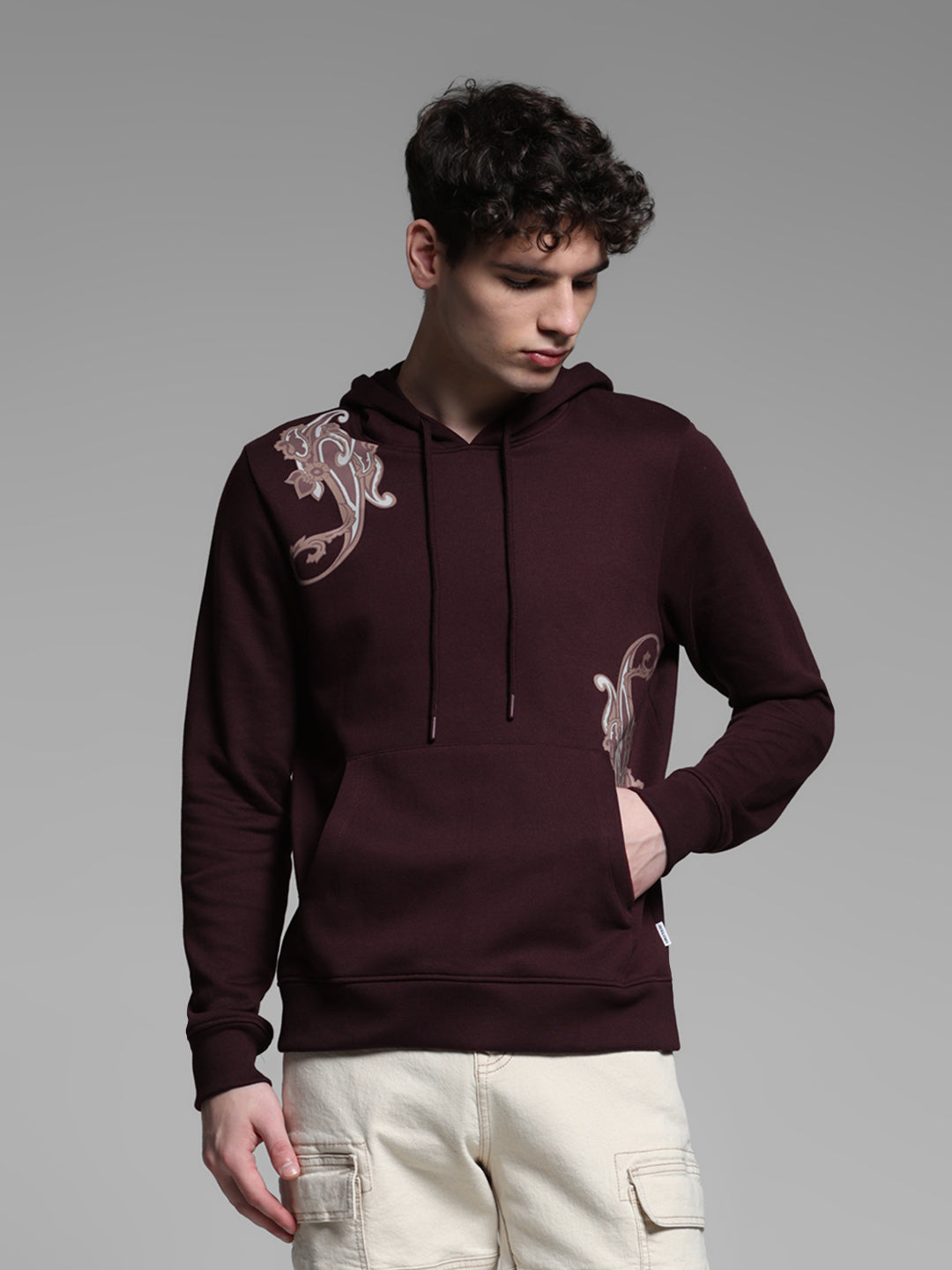 Wine Printed Hooded Sweatshirt - S