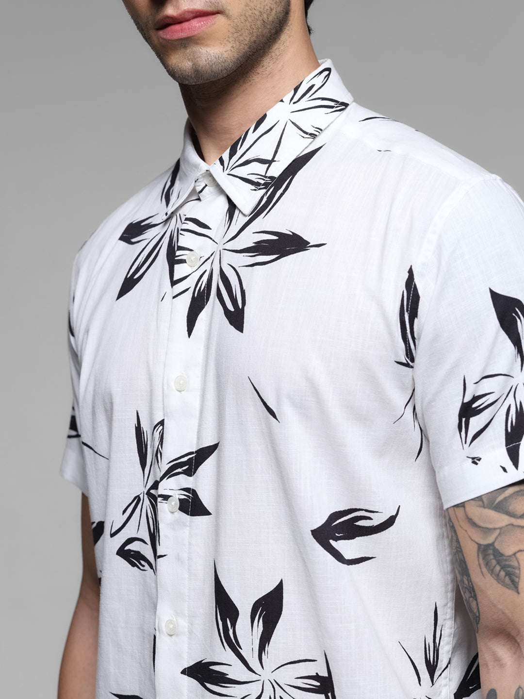 White Floral Short Sleeves Shirt