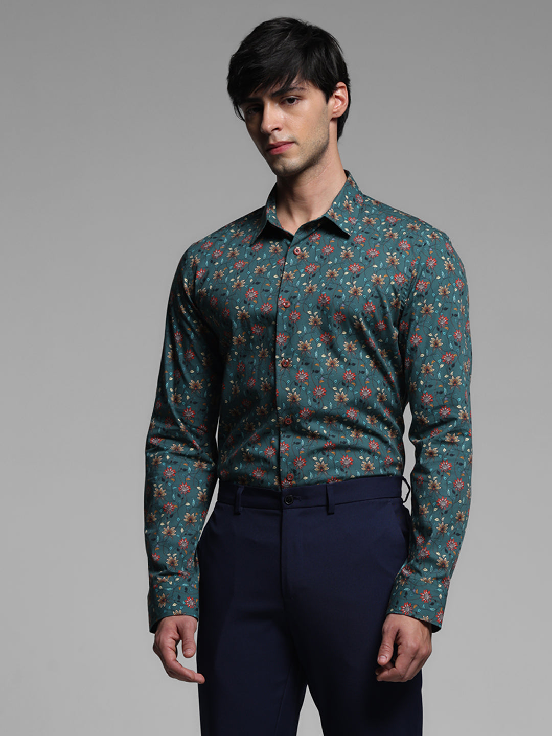 Green Floral Print Cotton Shirt