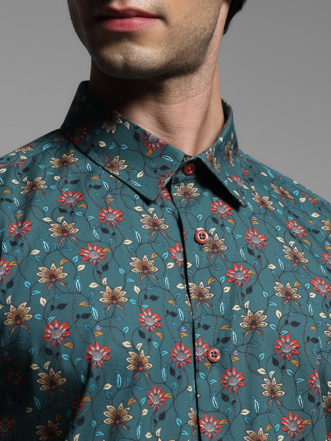 Green Floral Print Cotton Shirt