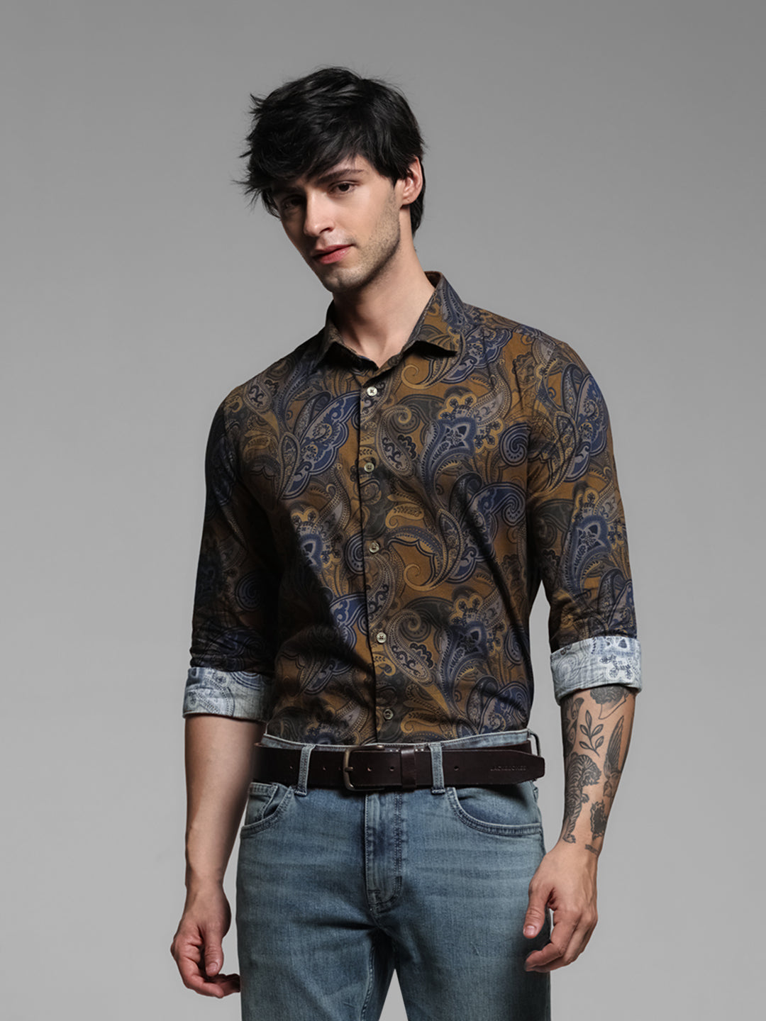Brown Printed Cotton Shirt