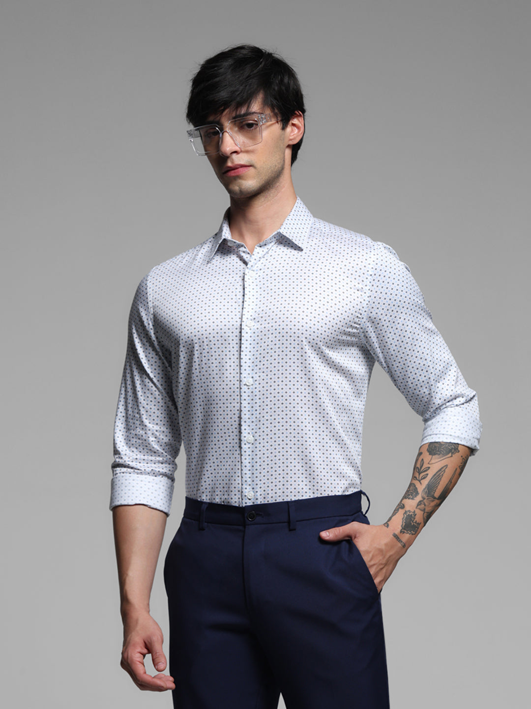 White Printed Formal Shirt - M