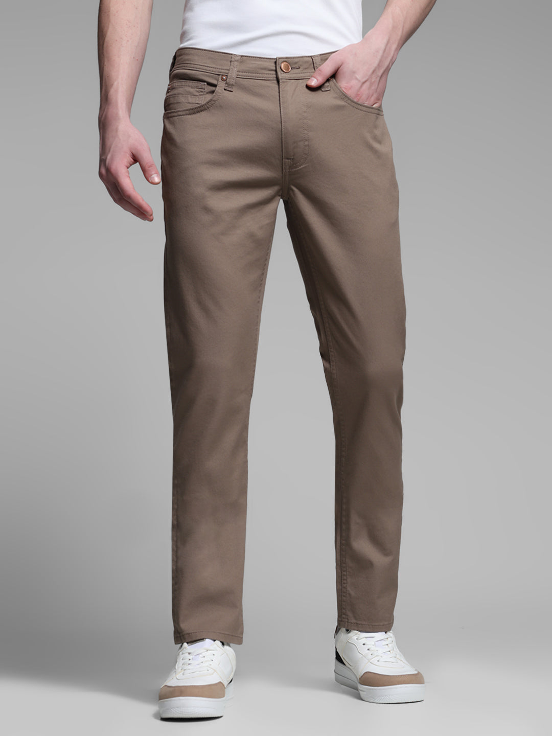 Beige Twill Regular Fit Pants - 28