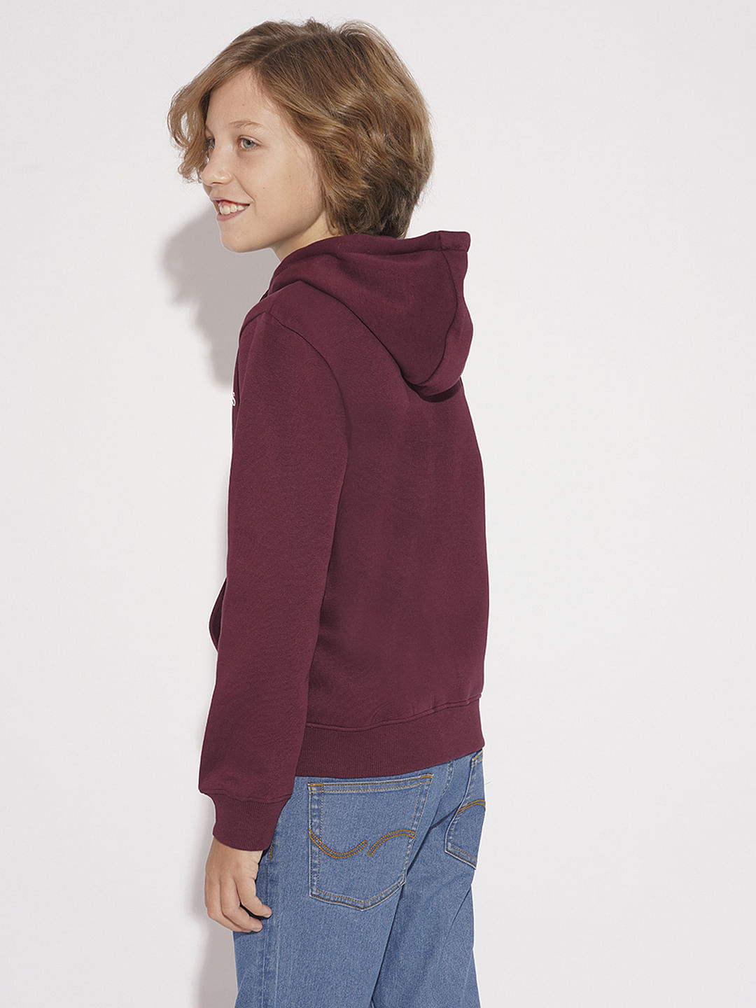 Boys Maroon Hooded Logo Print Sweatshirt