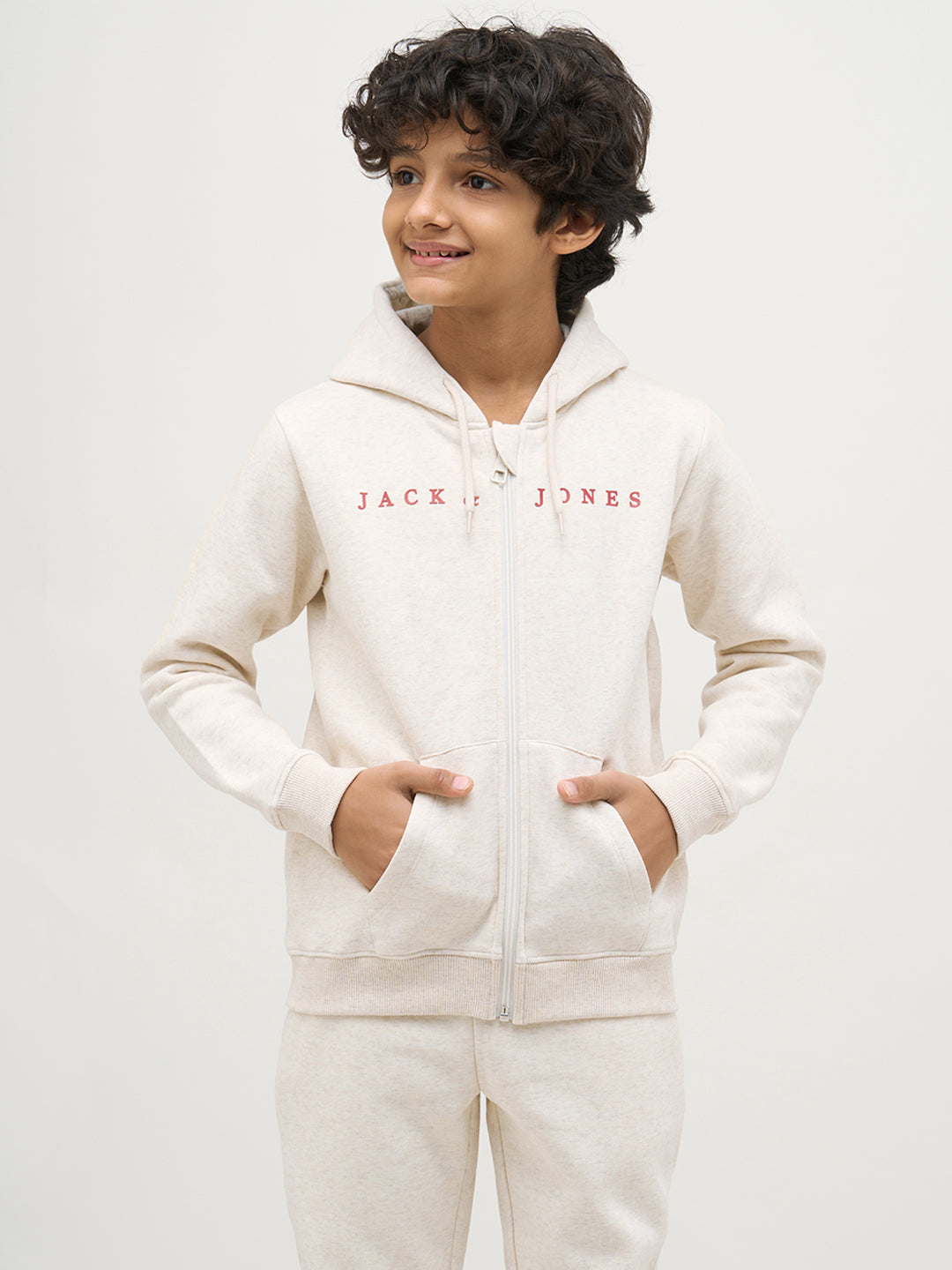 Boys White Zip-Up Hooded Sweatshirt