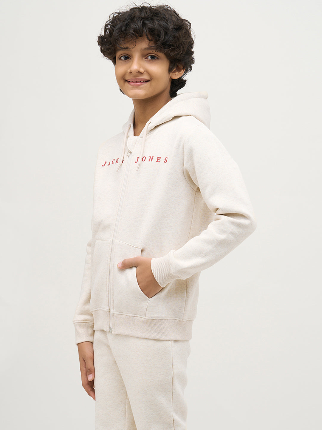 Boys White Zip-Up Hooded Sweatshirt
