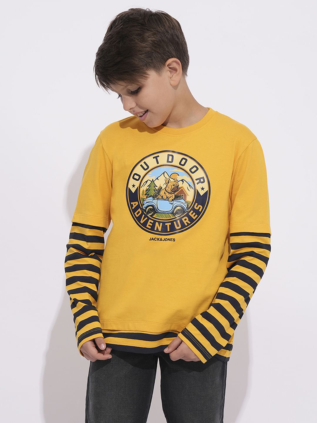 Boys Yellow Printed Crew Neck T-shirt