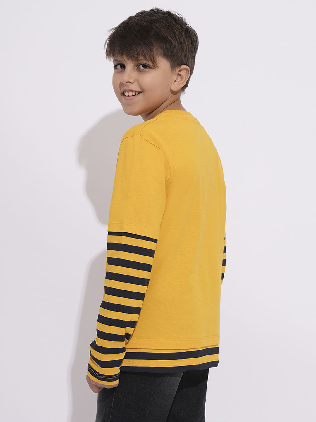 Boys Yellow Printed Crew Neck T-shirt