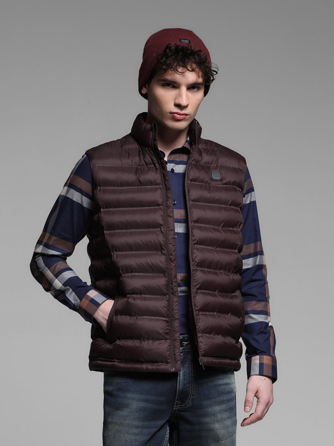 Maroon High Neck Puffer Vest Jacket