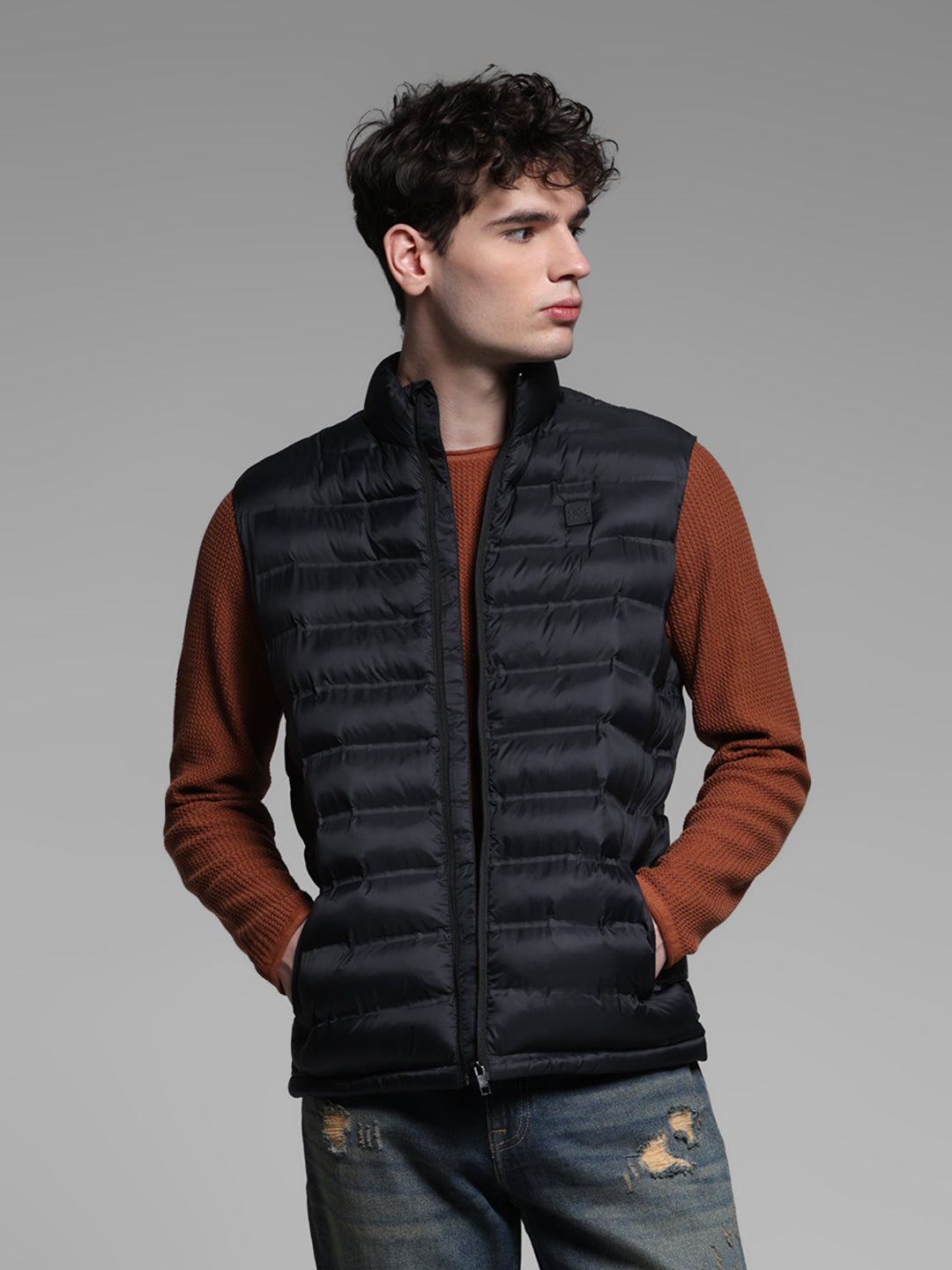 Black High Neck Puffer Vest Jacket - S