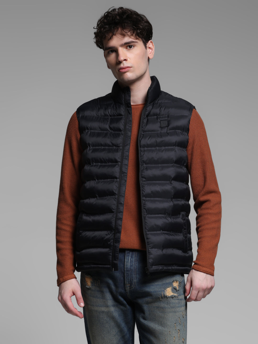 Black High Neck Puffer Vest Jacket