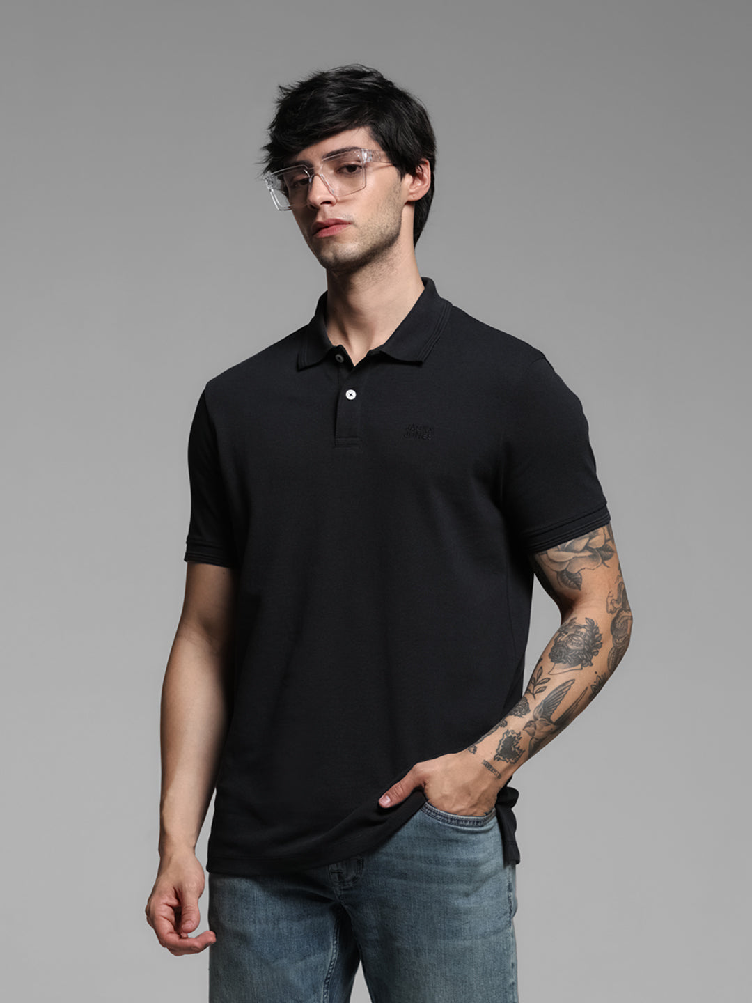 Black Ribbed Sleeve Polo - S