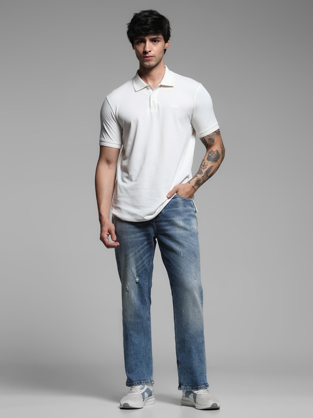 White Ribbed Sleeve Polo