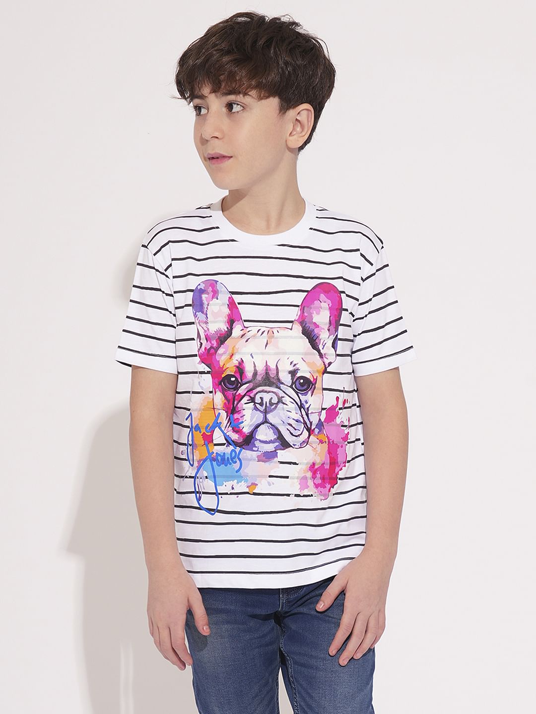 Boys White Striped Cotton T-shirt