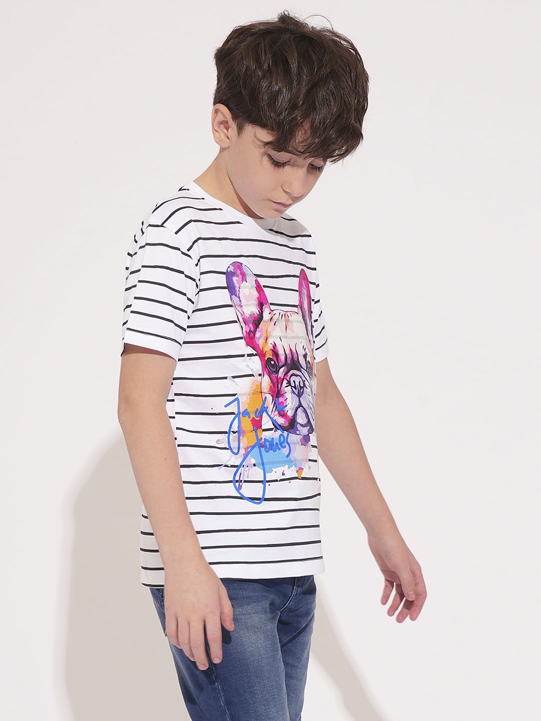 Boys White Striped Cotton T-shirt