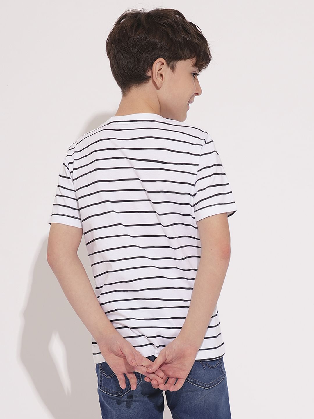Boys White Striped Cotton T-shirt