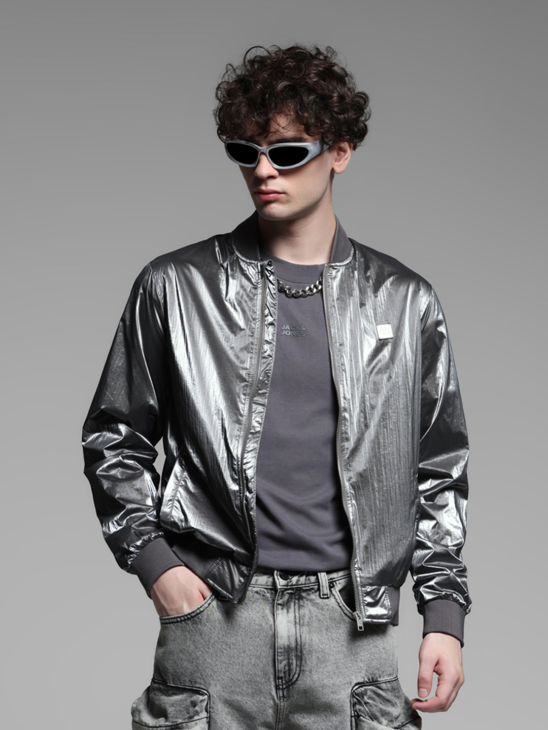 Metallic Finish Bomber Jacket - S