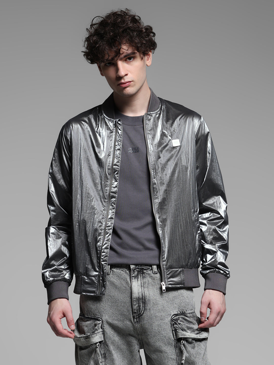 Metallic Finish Bomber Jacket