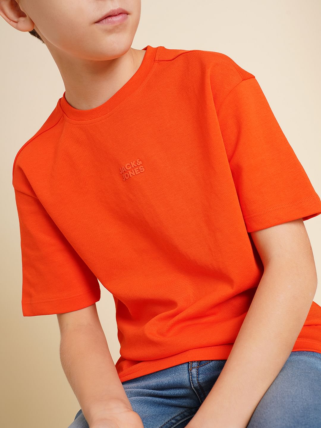 Boys Orange Logo Print Oversized T-shirt