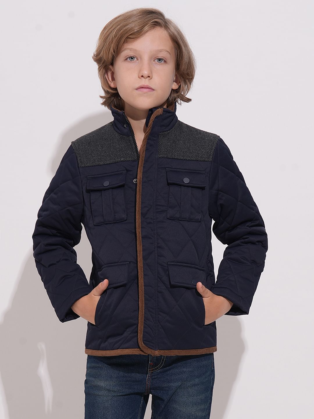 Boys Navy Blue Tweed High Neck Jacket