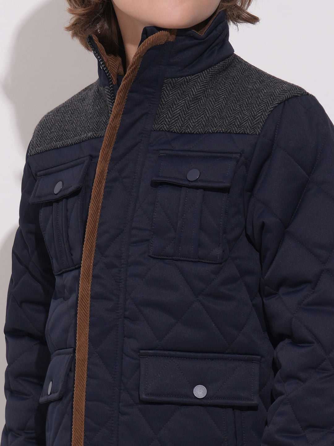 Boys Navy Blue Tweed High Neck Jacket